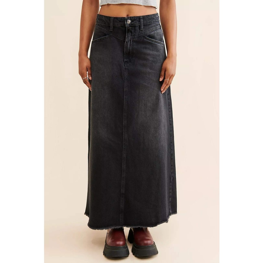 Free People We The Free Come As You Are Black Cotton Denim Max Skirt Size 12